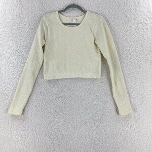 Fabletics Ivory Lace Print River Seamless Crop Shirt Womens Long Sleeve Size XL